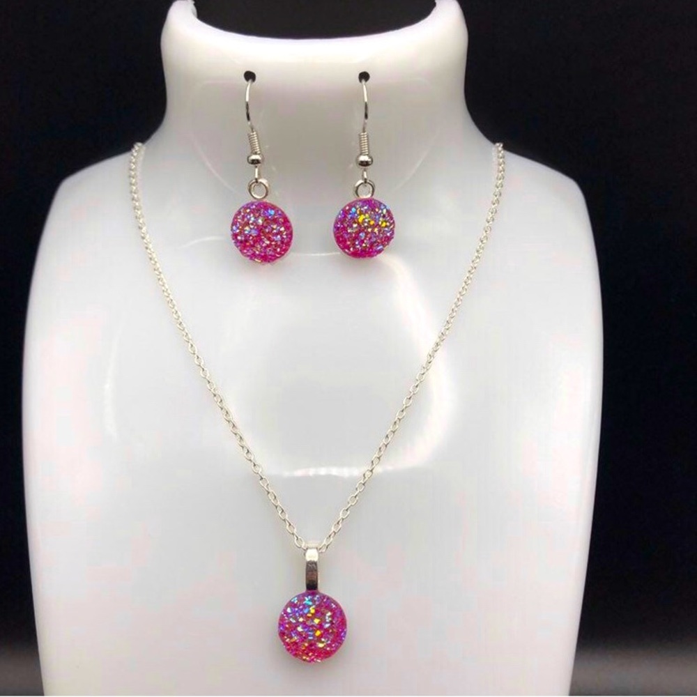 Resin Glitter Pink Rhinestone Jewelry Set